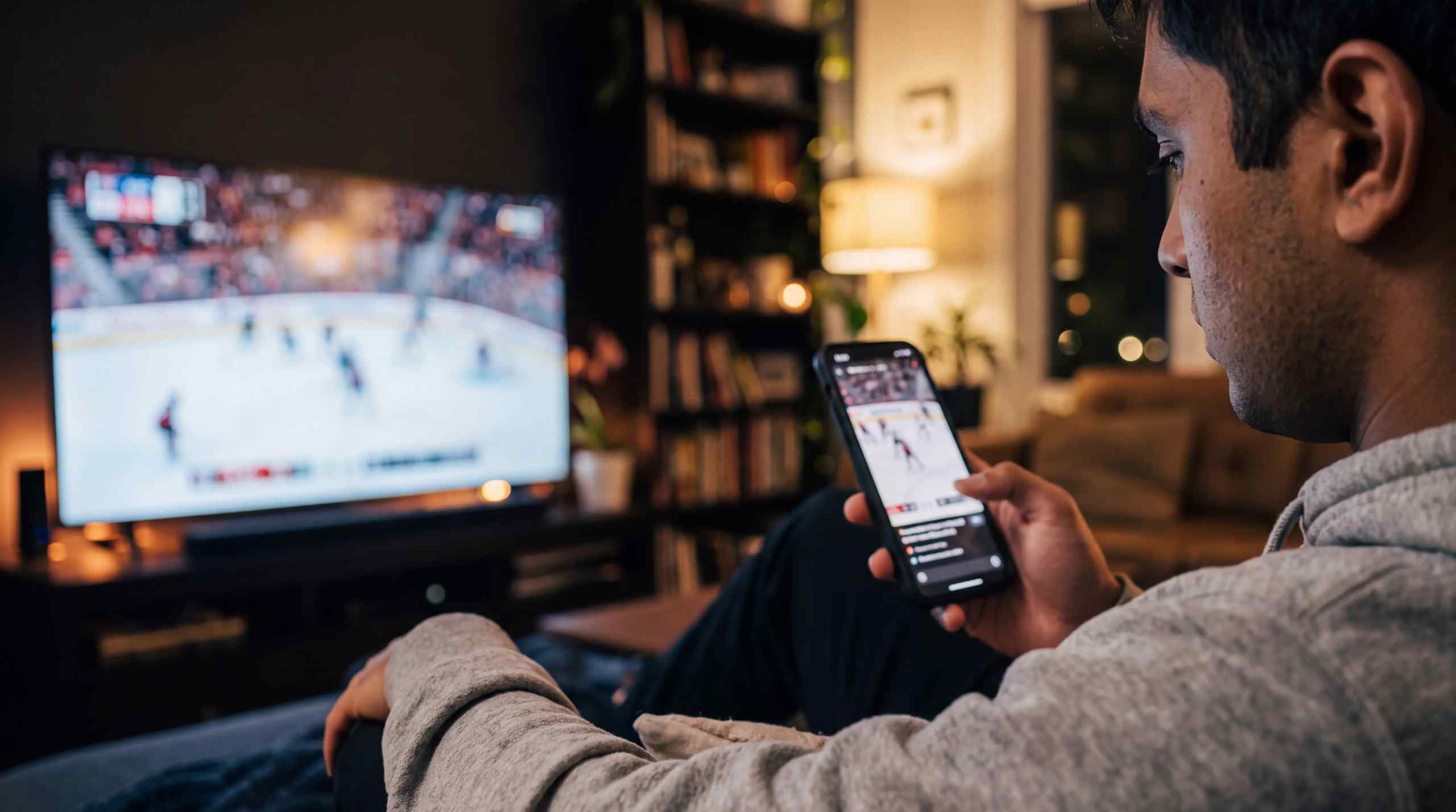 A man watching two different hockey games. One game is on a TV while the other is on a smart phone.